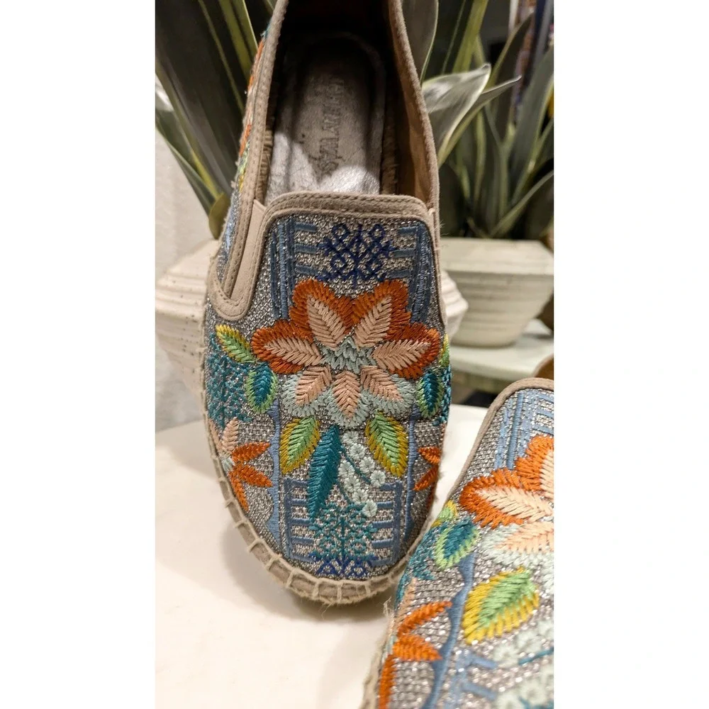 Johnny Was Elysia Metallic Floral Embroidered Espadrille Sz 39 Blue Boho Slip On